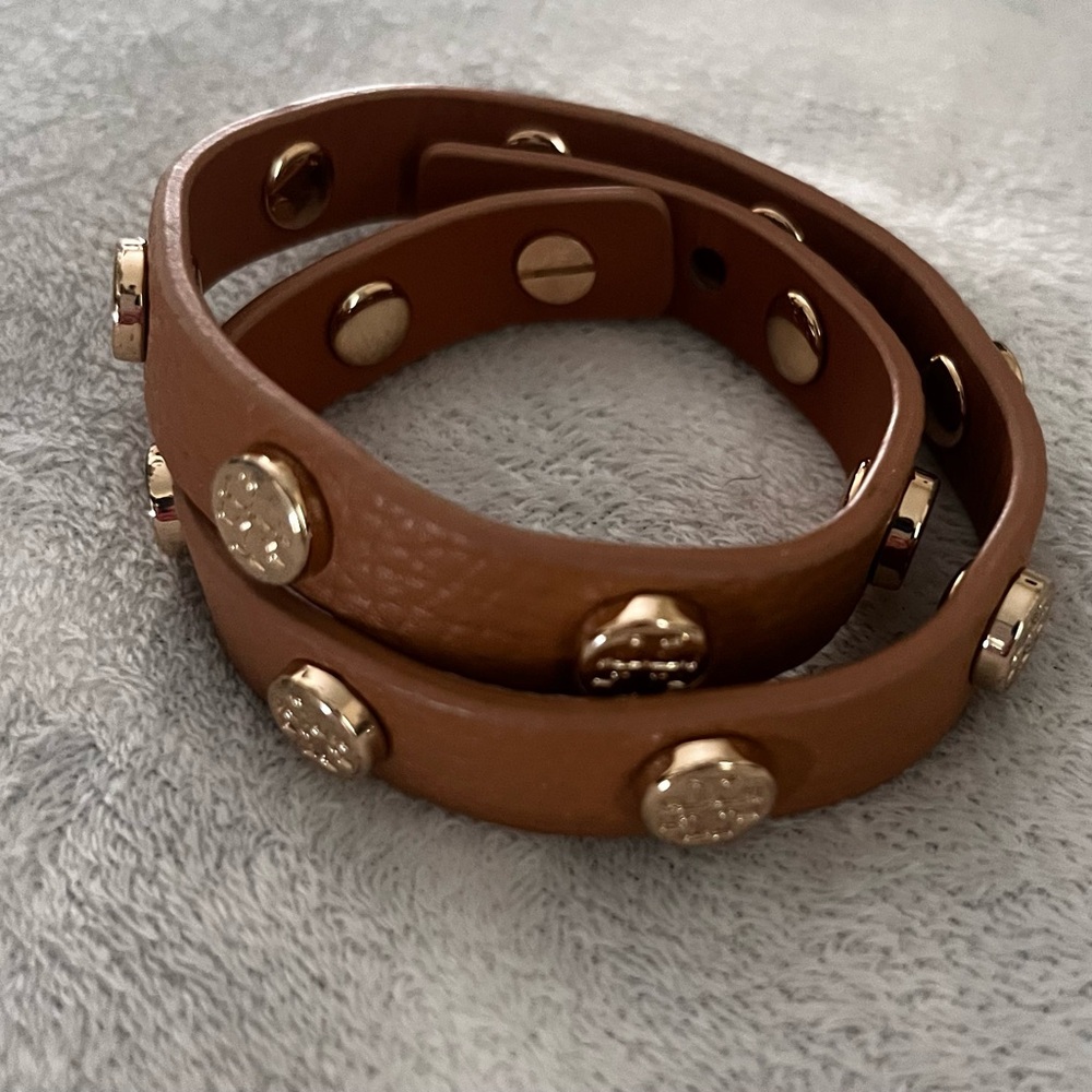 Tory Burch Brown Leather Double Wrap Bracelet with Gold Studs